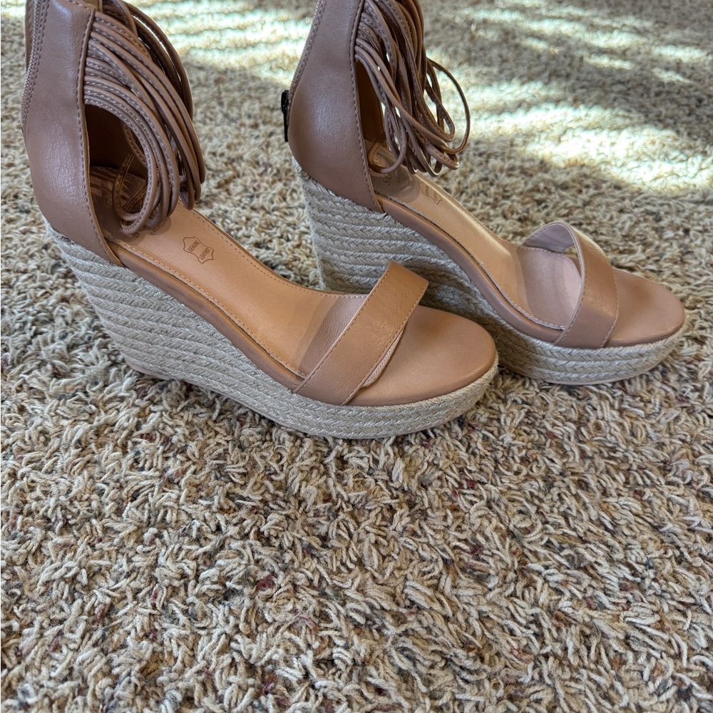 Womens Tan Espadrille Wedge Sandals with Ankle Tie